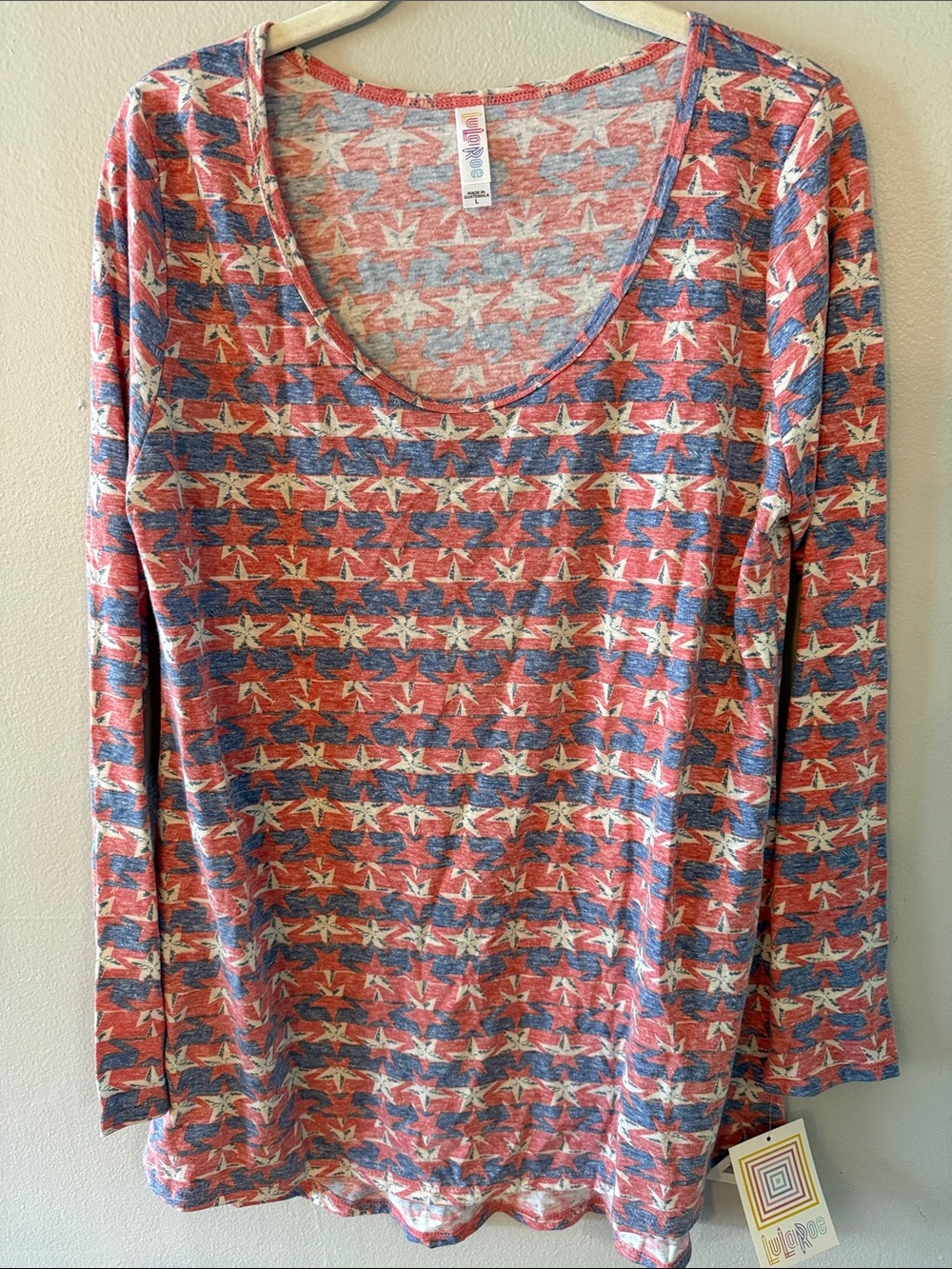 LuLaRoe Red, Blue & White Star-Pattern Long Sleeve Top